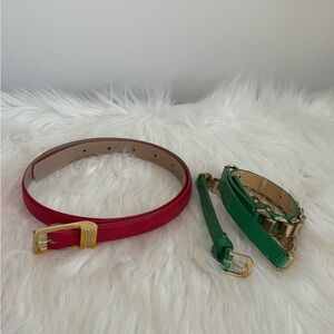 Vintage Red Leather Waist Belt with Gold Buckle Green belt with Gold tone links